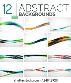 Colección de fondos abstractos - líneas de onda y de giro, patrón de movimiento de flujo geométrico. Plantillas universales de negocios y tecnología, diseños de banners inusuales brillantes, fondo de presentación de texto