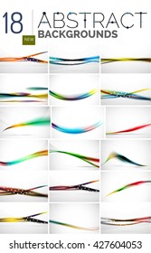Sammlung abstrakter Hintergründe - Wellenlinien und wirbelnde Linien, geometrisches Bewegungsmuster. Allgemeine Geschäfts- und Technologievorlagen, helle ungewöhnliche Bannerdesigns, Hintergrund für Textpräsentationen