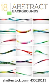 Collection of abstract backgrounds - wave and swirl lines, geometric flowing motion pattern. Business and technology universal templates, bright unusual banner designs, text presentation backdrops