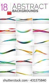 Sammlung abstrakter Hintergründe - Wellenlinien und wirbelnde Linien, geometrisches Bewegungsmuster. Allgemeine Geschäfts- und Technologievorlagen, helle ungewöhnliche Bannerdesigns, Hintergrund für Textpräsentationen
