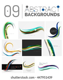 Collection of abstract backgrounds - wave and swirl lines, geometric flowing motion pattern. Business and technology universal templates, bright unusual banner designs, text presentation backdrops