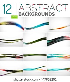 Collection of abstract backgrounds - wave and swirl lines, geometric flowing motion pattern. Business and technology universal templates, bright unusual banner designs, text presentation backdrops