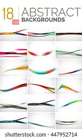 Collection of abstract backgrounds - wave and swirl lines, geometric flowing motion pattern. Business and technology universal templates, bright unusual banner designs, text presentation backdrops
