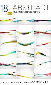 Colección de fondos abstractos - líneas de onda y de giro, patrón de movimiento de flujo geométrico. Plantillas universales de negocios y tecnología, diseños de banners inusuales brillantes, fondo de presentación de texto