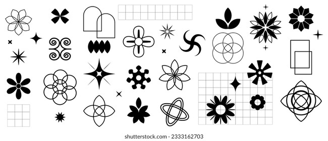 Collection of abstract, basic and ethnic shapes. Minimalist decorative elements and symbols. Black and line icons and flat icons. Primitive African forms. Brutalistic geometric shapes and elements.