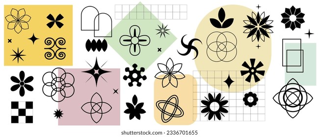 Collection of abstract, basic and ethnic shapes. Minimalist decorative elements and symbols. Black and line icons and flat icons. Primitive African forms. Brutalistic geometric shapes and elements.