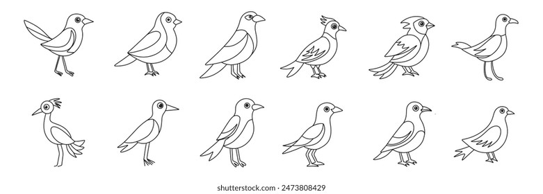 Collection of abstract bird in doodle style. Hand drawn vector art.