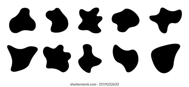A collection of abstract black blob shapes with organic, fluid forms, ideal for backgrounds, modern design, and artistic elements.