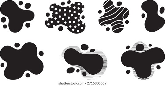 Colección de manchas negras abstractas con varias texturas y patrones Vector, ilustración