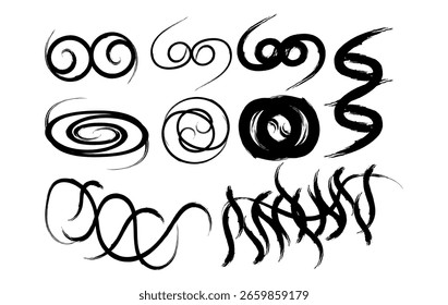 Eine Sammlung abstrakter, schwarzer Pinselstriche mit Spiralen, Locken, verwinkelten Wellen und handgezeichneten Tintenelementen. Perfekt für kreative Profis, die nach rohen, dynamischen visuellen Elementen suchen.