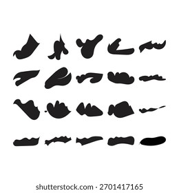Una colección de Formas de pinceladas abstractas y negras y salpicaduras sobre un fondo blanco, que ofrece una sensación artística moderna.