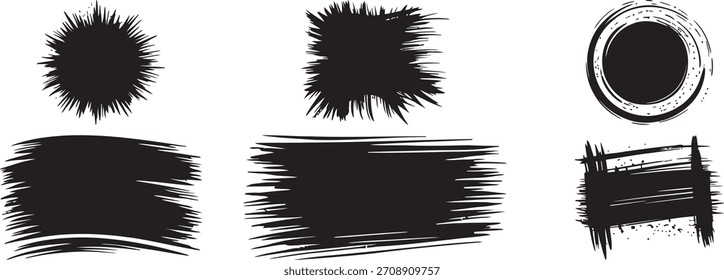 Collection of Abstract Black Brush Strokes and Shapes on White Background