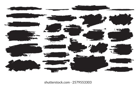 A collection of abstract black brushstrokes and paint splatters on white background, suitable for design, texture overlays, or graphic elements,