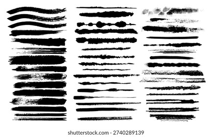 A collection of abstract black brushstrokes and paint splatters on white background, suitable for design, texture overlays, or graphic elements, eps10