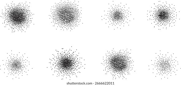 Collection of abstract black dot particle textures isolated on white background. Grain, splatter, dust, and noise effect design elements for backgrounds, overlays, and digital artwork.