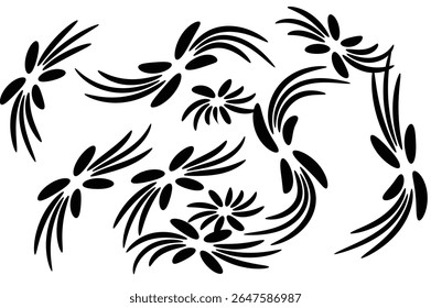 A collection of abstract black floral-like shapes are scattered across a white 