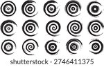 A collection of abstract black ink brush stroke swirls and circular patterns with a distressed texture on a white background