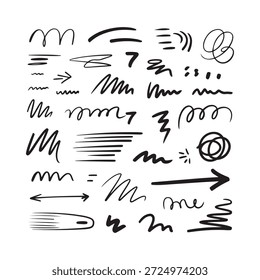 Sammlung von abstrakten schwarzen Pinselstrichen und handgezeichneten Doodle-Elementen