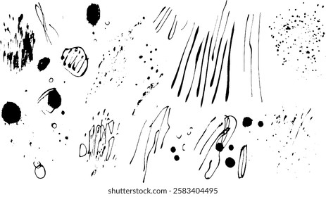 A collection of abstract black ink splatters and brush strokes on a white background, showcasing various shapes and textures.