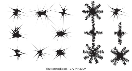 Uma coleção de borrifadores de tinta preta abstratos e formas de explosão estelar, alguns com bordas irregulares e outros que se assemelham a flocos de neve, isolados em um fundo branco limpo.