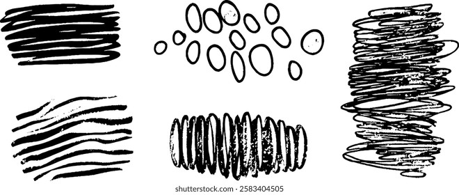 A collection of abstract black ink strokes and shapes, featuring various textures and patterns. The designs include thick lines, dots, and scribbles, suitable for artistic backgrounds