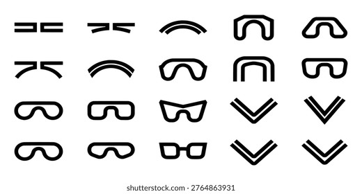 A collection of abstract black line art icons featuring various shapes resembling eyewear components, arcs, and chevron patterns on a white background, suitable for design elements.