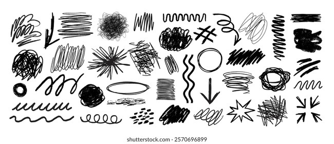 A collection of abstract black scribbles and doodles. Various shapes and lines. Scribbles and doodles create a chaotic, artistic pattern. Abstract art elements. Scribble elements vector set.