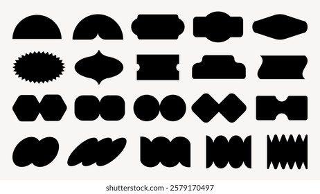 A collection of abstract black shapes, featuring various geometric forms. These abstract shapes include circles, ovals, and unique geometric designs. Black shapes, vector element set.