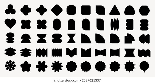 Collection of abstract black shapes, featuring geometric and organic forms. Shapes include circles, squares, triangles, and unique abstract designs. Black shapes, vector element set.