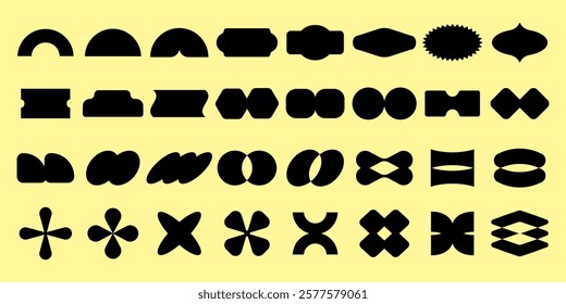 Collection of abstract black shapes on a yellow background. Various abstract forms and shapes, creatively arranged. Bold shapes, unique abstract designs. Black shapes, vector element set.