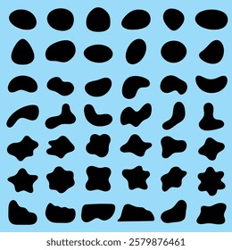 Collection of abstract black shapes on a blue background. Various shapes include circles, stars, and blobs. Abstract shapes create a unique pattern. Black shape vector set.