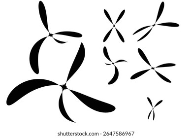 A collection of abstract black shapes resembling stylized flowers or petals are scattered across a white background.