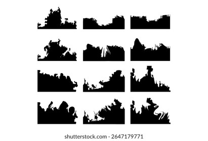 Uma coleção de formas de silhueta preta abstratas com texturas irregulares, grunge e paisagens distorcidas. Perfeito para uso em arte conceitual, sobreposições digitais, gráficos em movimento