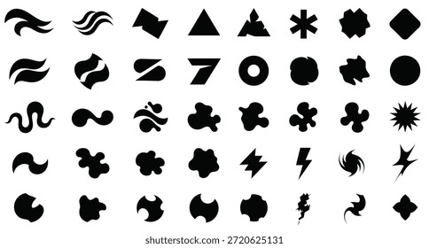 Colección de siluetas negras abstractas. Cuenta con Formas orgánicas y geométricas como remolinos, hojas y números para un uso gráfico versátil.

