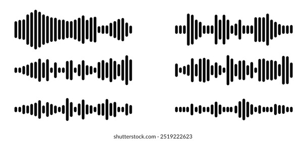 Uma coleção de ondas sonoras pretas abstratas e ícones de frequência de áudio, representando sons, músicas e padrões de sinais para projetos digitais e criativos.