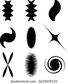 Collection of abstract black vector shapes including starbursts, blobs, swirls, and silhouettes for modern digital design and futuristic graphic artwork