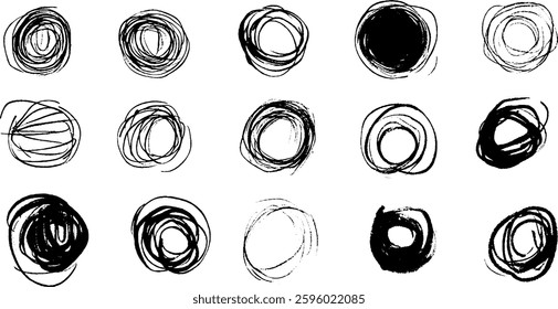 A collection of abstract black and white circular doodles and scribbles, varying in size and style, arranged in a grid format.