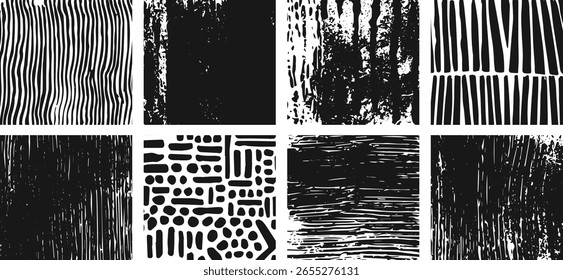Coleção de padrões gráficos abstratos em preto e branco com diversas texturas de linhas e formas.