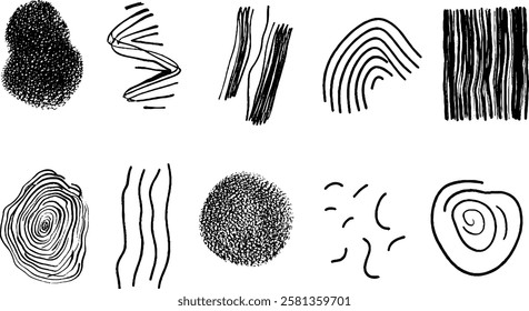 A collection of abstract black and white line patterns and textures, including dots, wavy lines, and spirals, arranged in a grid format.