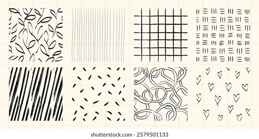 A collection of abstract black and white patterns. Patterns include lines, grids, and shapes. Abstract designs create a modern, artistic feel. Patterns vary in style. Doodle isolated vector set.