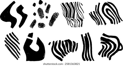A collection of abstract black and white patterns featuring various shapes and textures. The designs include wavy lines, dots, and organic forms, creating a visually dynamic composition.