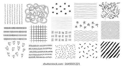 Collection of abstract black and white patterns. Includes lines, dots, and shapes. Abstract designs with lines, dots, and shapes in black and white. Doodle element isolated vector set.