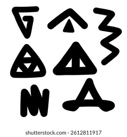 Collection of abstract black and white shapes and symbols