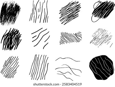 A collection of abstract black and white textures featuring various line patterns and strokes. The designs include scribbles, wavy lines, and solid shapes, showcasing artistic variety.