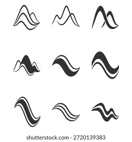 Colección de líneas onduladas abstractas en blanco y negro y Formas dispuestas en un patrón de cuadrícula sobre un fondo blanco.