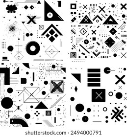 A collection of abstract, black-and-white geometric patterns. The designs include various shapes such as circles, squares, triangles, lines, and dots arranged in intricate and modern composition.