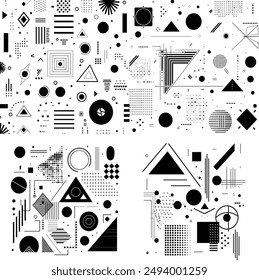 A collection of abstract, black-and-white geometric patterns. The designs include various shapes such as circles, squares, triangles, lines, and dots arranged in intricate-and-modern composition