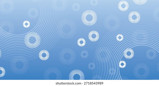 Uma coleção de círculos azuis abstratos e padrões de ondas em um plano de fundo azul gradiente.