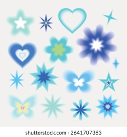 Collection of abstract blue and green shapes including stars, hearts, and flowers. Bright, glowing designs in various patterns and sizes on a white background. Cute glowing element set vector.