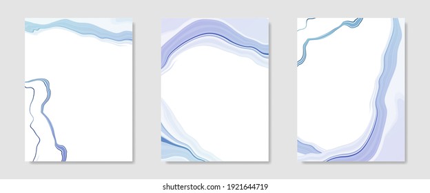 Collection of abstract blue liquid marbled watercolor background. Pastel minimal marble wave splash effect. Vector illustration design template for wedding invitation, card, banner, poster